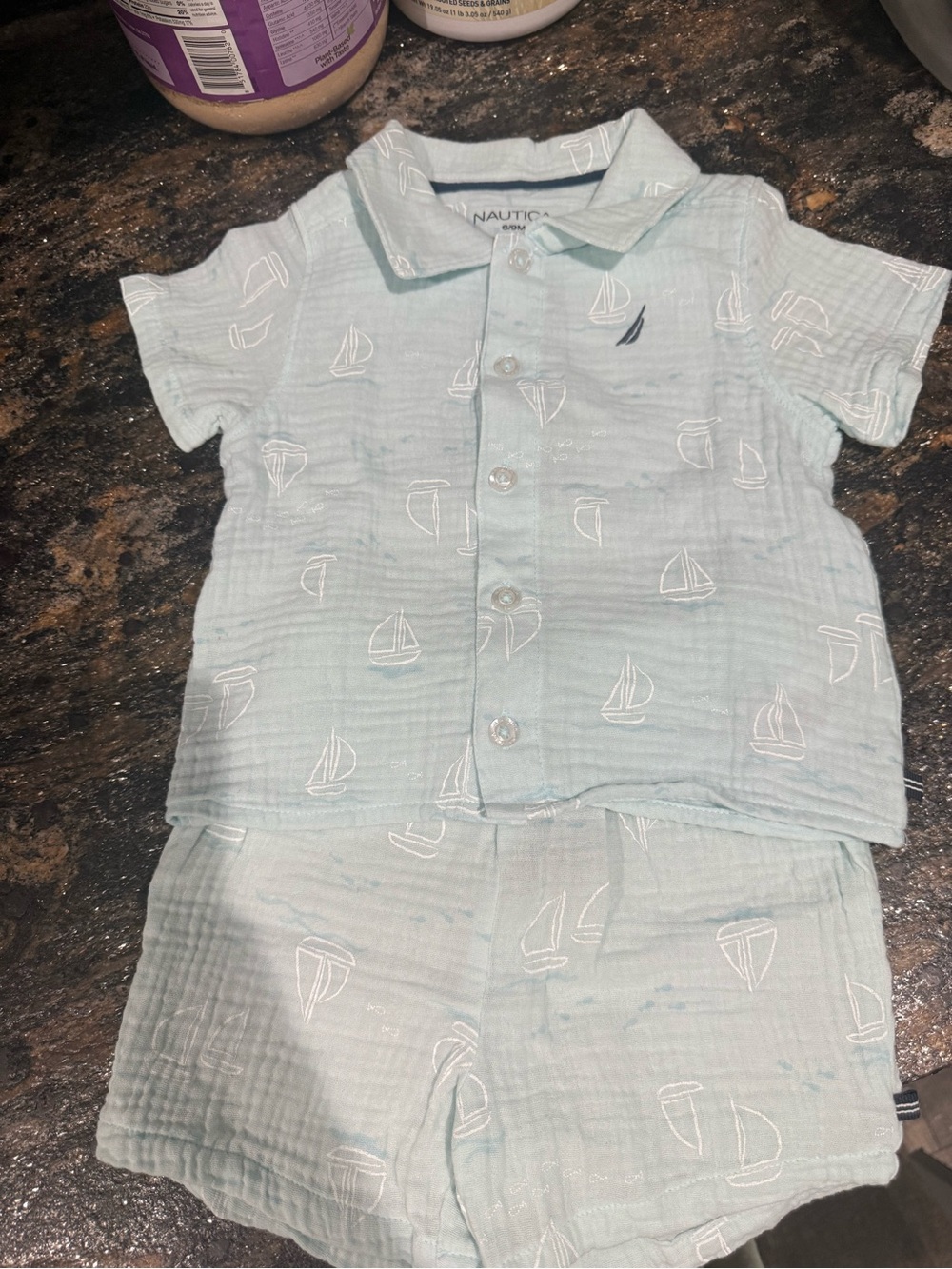 Nautica Light Blue Sailboat Button-Down Short Set